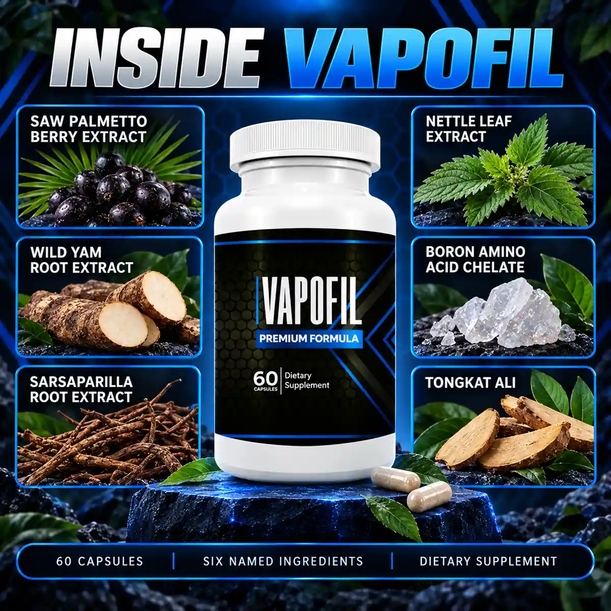 The vendor's INSIDE VAPOFIL graphic showing six named botanicals around the bottle