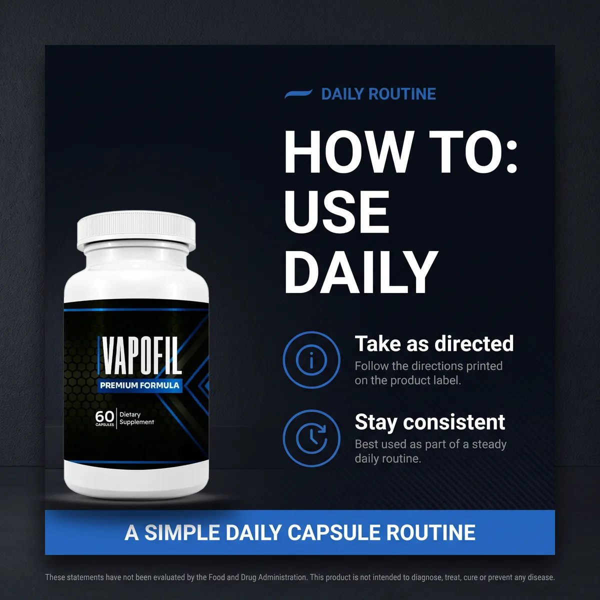 VapoFil listing artwork showing the daily routine: two capsules with a glass of water