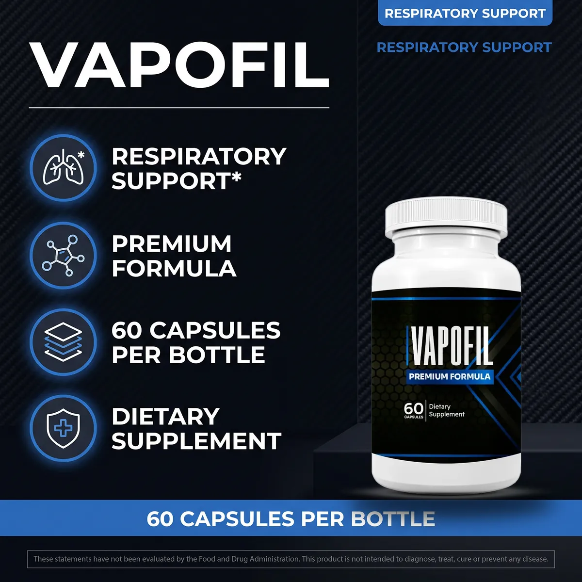 A VapoFil listing tile captioned for respiratory support, with a lung icon, beside the bottle
