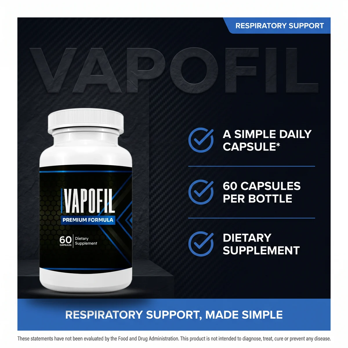 VapoFil listing artwork: one bottle, sixty capsules, a simple daily routine