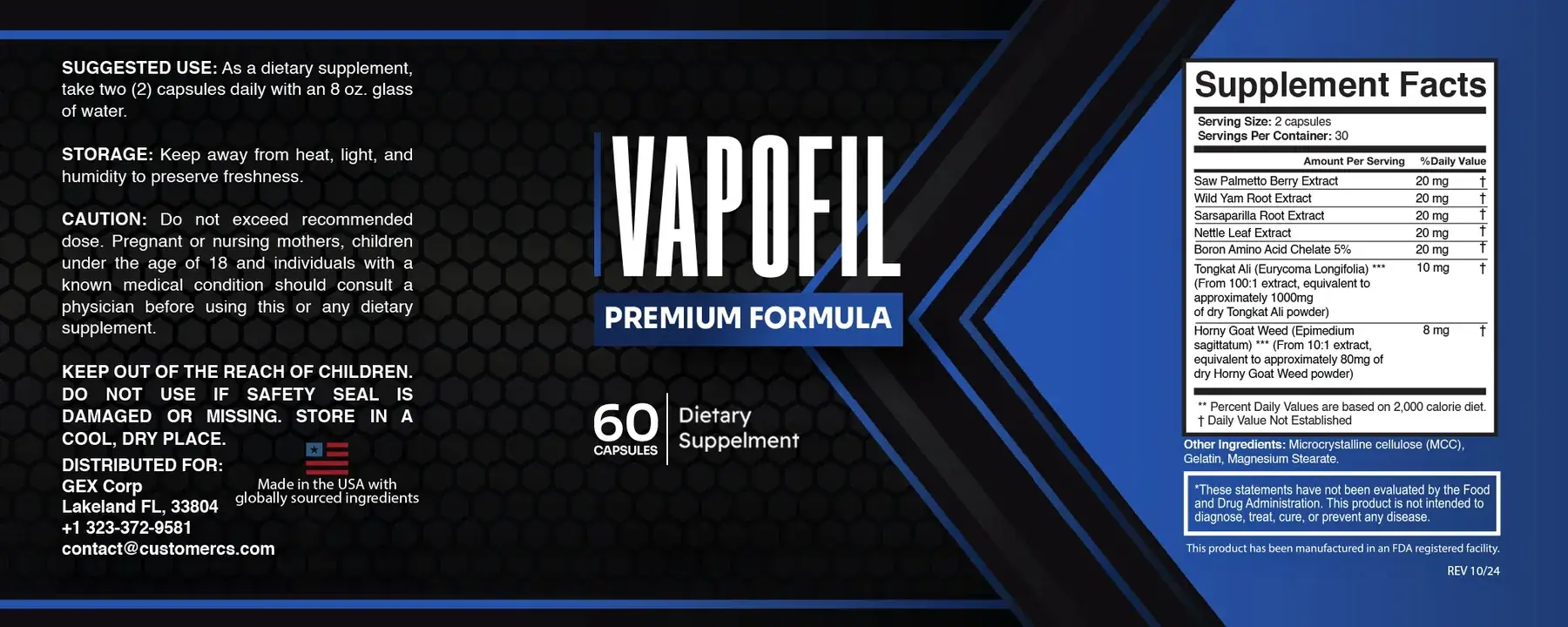 The VapoFil label artwork, showing the Supplement Facts panel, the suggested use and the caution